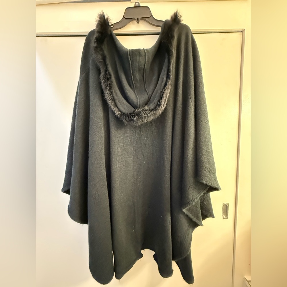 Dark Gray Hooded Poncho with genuine  Fur Trim